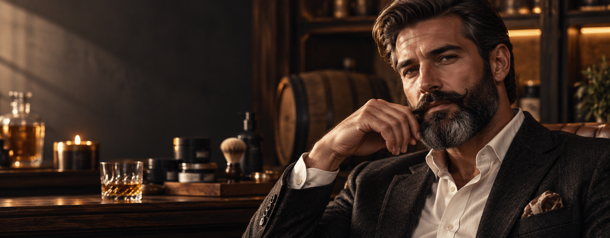 A gentleman with a full beard and curled mustache in a walnut-toned grooming studio